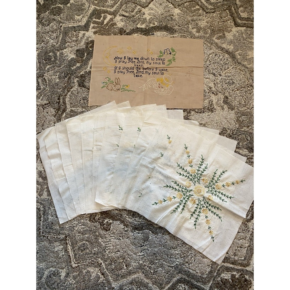 Vtg Hand Embroidered Quilt Squares Flower Blocks Needlepoint Prayer Bundle